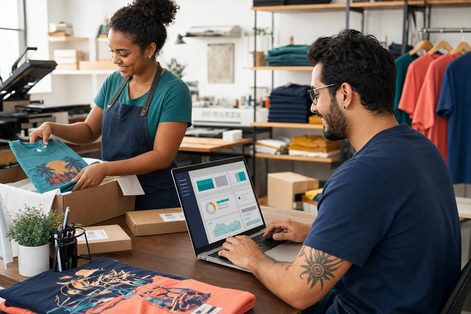 Equipe de estamparia gerenciando pedidos no computador e preparando produtos para envio